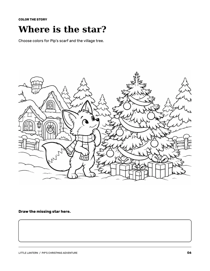 Pip the fox coloring page with a snowy village tree