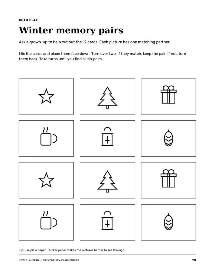 Twelve illustrated cards for a winter memory game